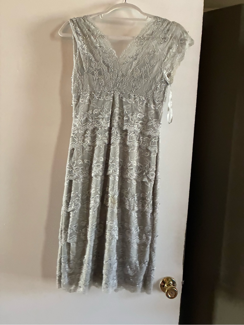 MARINA Lace V-Neck Midi Dress in Light Gray